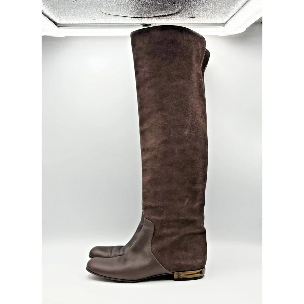 Gucci Brown Suede Knee High Riding Boots w/ Bamboo Accent Heel Size EU 36.5